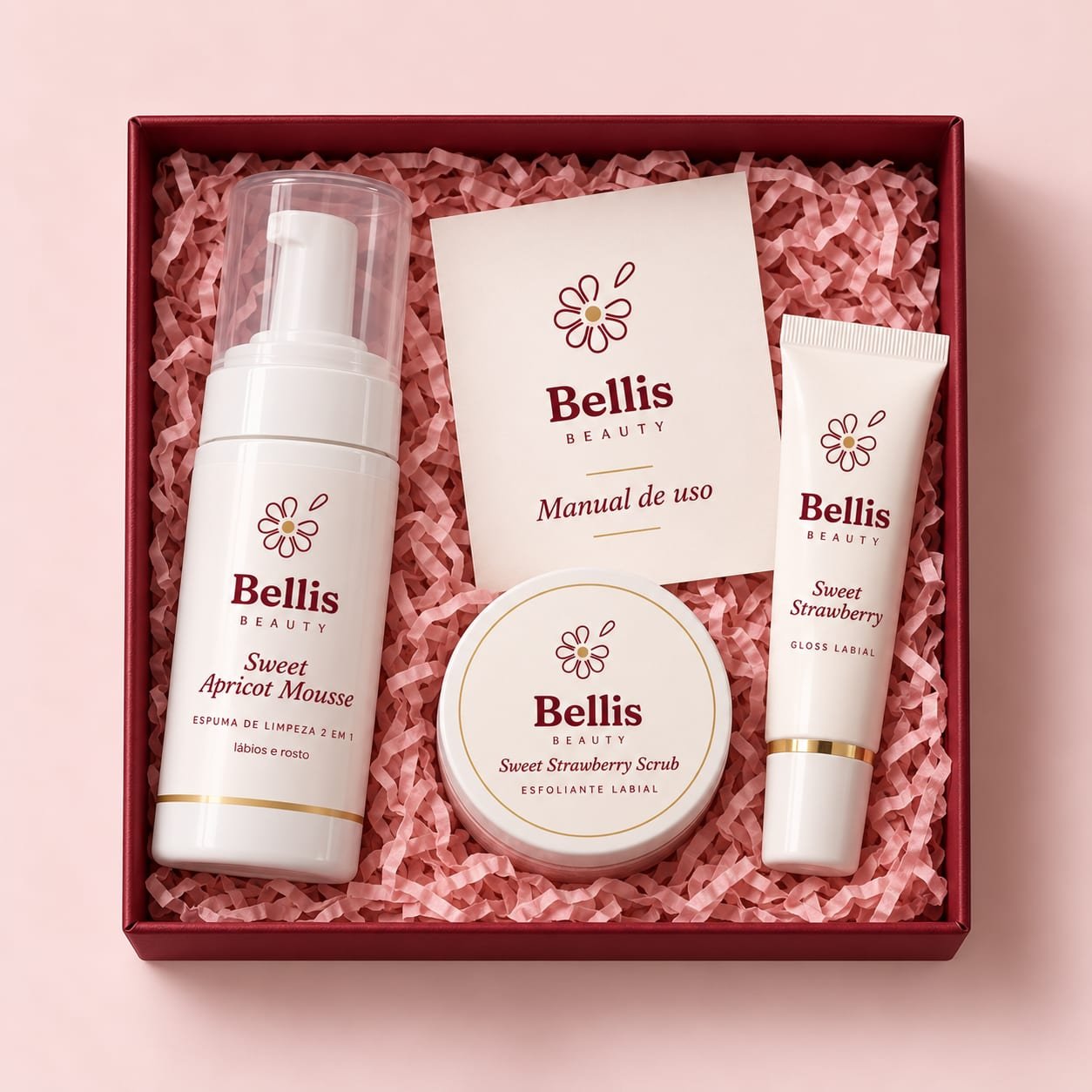 Caixa do kit Bellis aberta com os produtos