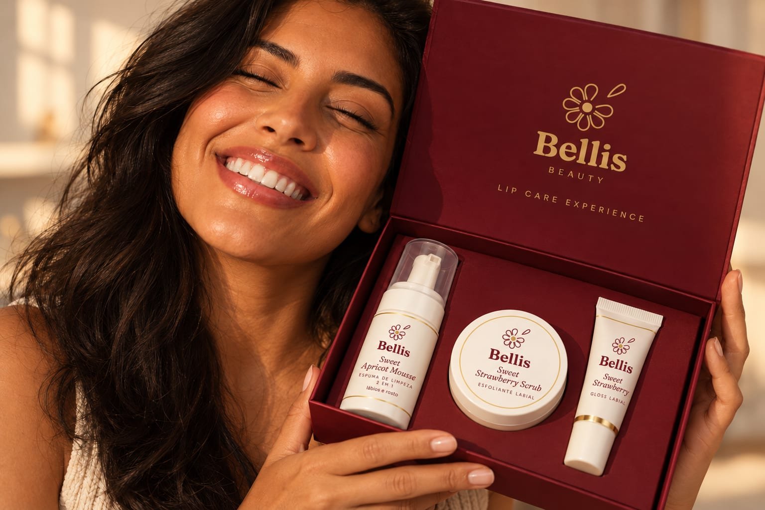Cliente sorrindo com o kit Bellis